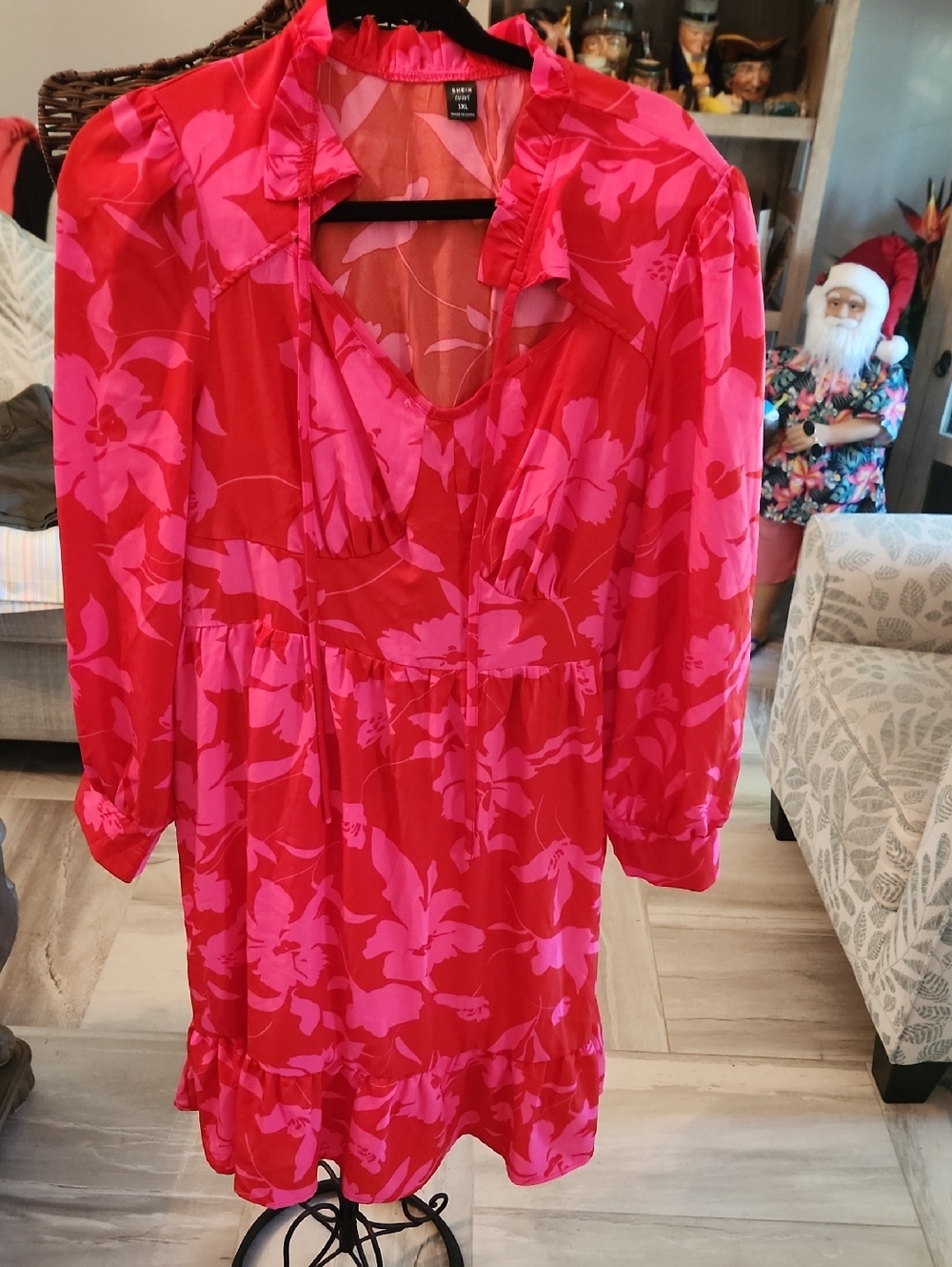 SHEIN Pink and Red Floral Long Sleeve Mini Dress